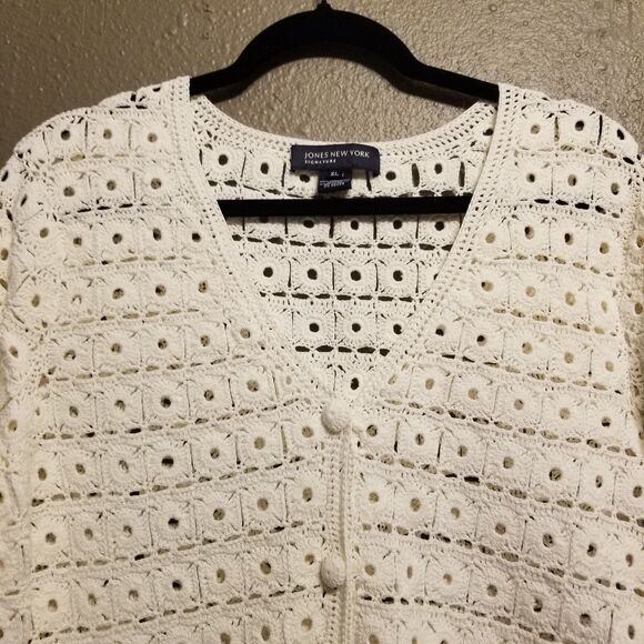 Jones New York L Cardigan Crochet Mercerized 100% Cotton Heavy White Cottagecore - Picture 3 of 9